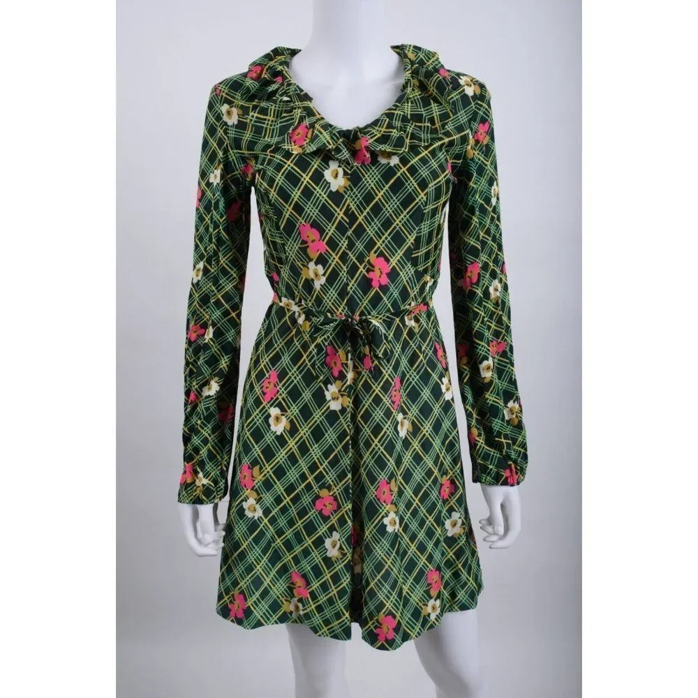 Vintage 60s Womens Mini Dress A-line Retro Green Pink Floral Tie Belt S Small
